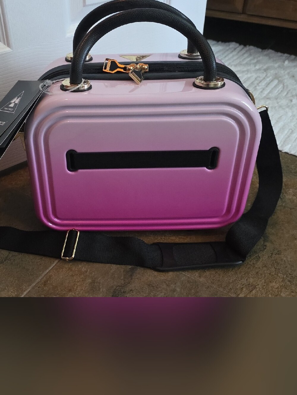 Gradient Pink Hard-Shell Cosmetic Case with Black Strap